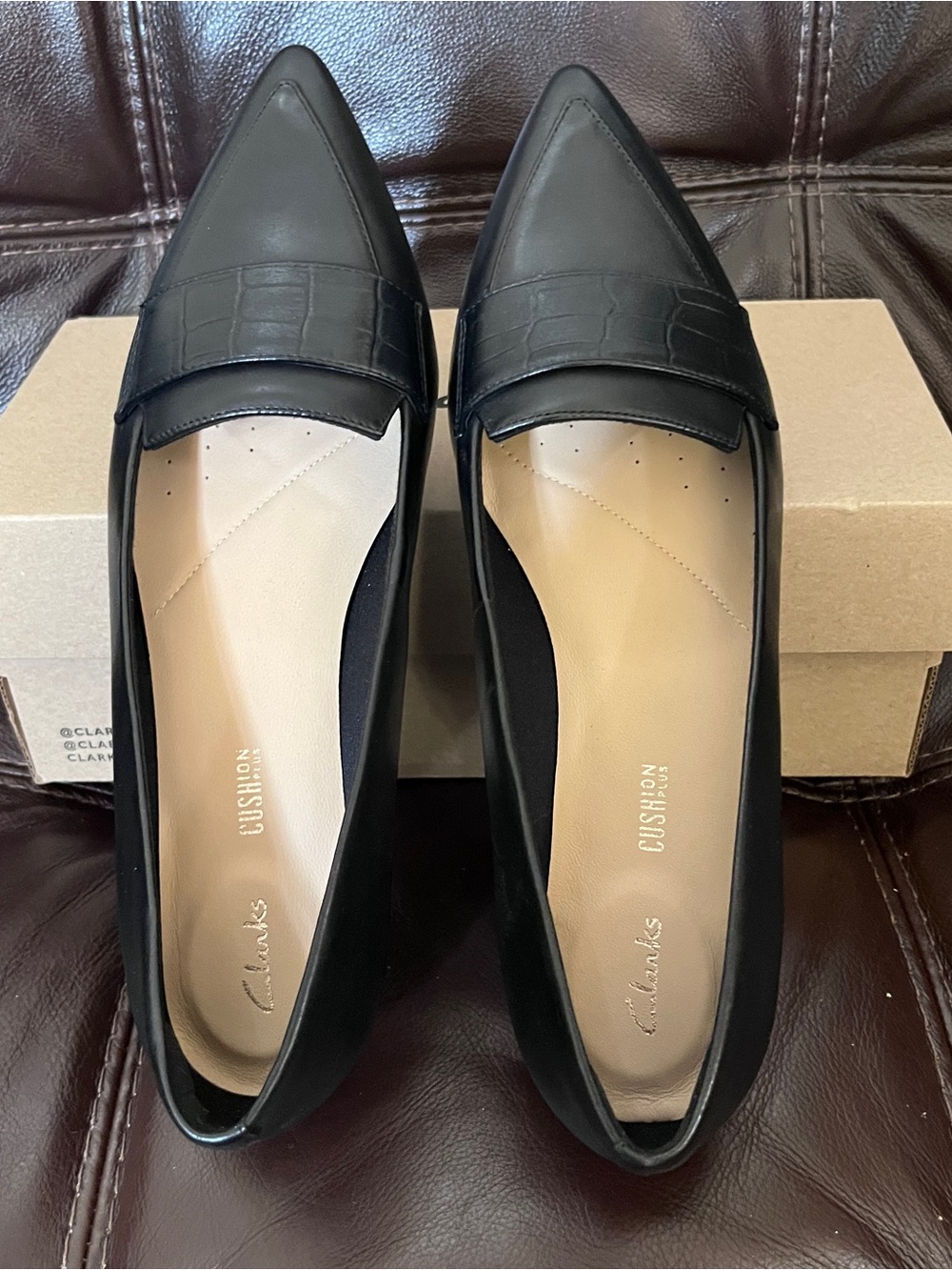 Clarks Women's Black Pointed Toe Loafers with Croc-Embossed Strap